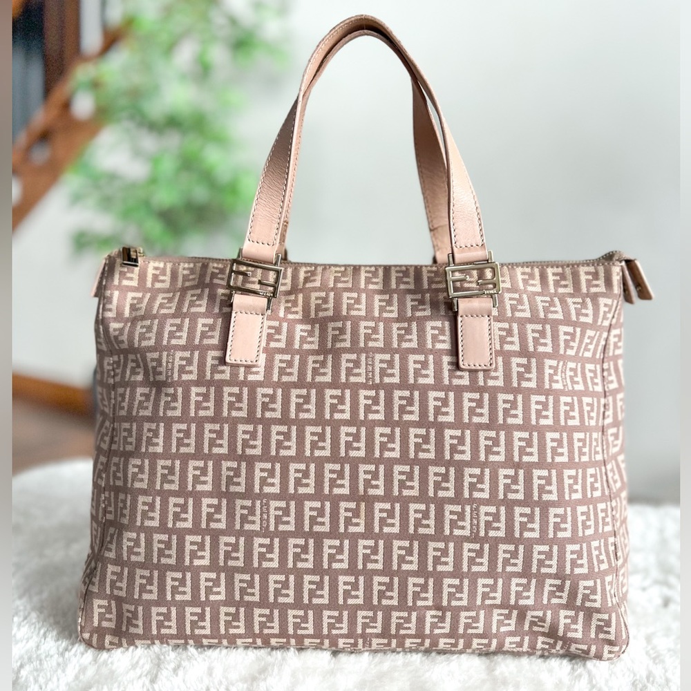 FENDI Zucchino Canvas Handbag Tote Bag Blush Pink and Beige Color